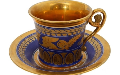 RUSSIAN PORCELAIN CUP & SAUCER COBALT BLUE & GILT