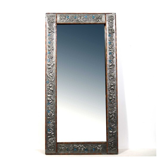 Rectangular pewter framed mirror with turquoise glass cabochons.