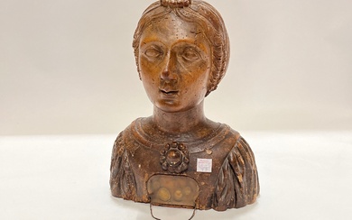 Reliquaire en bois sculpté représentant un buste de femme au chignon XVIème siècle Hauteur :...