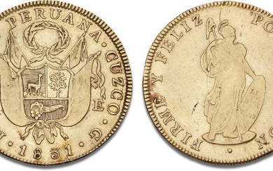 Republic, 8 Escudos 1831 G, Cuzco mint, F 63, KM 148.2, 26.78...