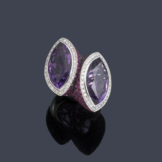 Ring with marquis cut amethyst quartz, rubies and