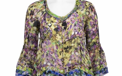 SOLD. Roberto Cavalli: A silk blouse with three quarter length sleeves, silver toned buttons and print in blue, green and purple colours. Size 38. – Bruun Rasmussen Auctioneers of Fine Art
