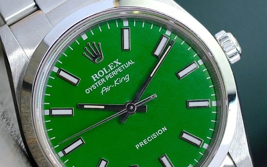 Rolex Mens Airking Steel Watch 34Mm Green Index Dial Smooth...