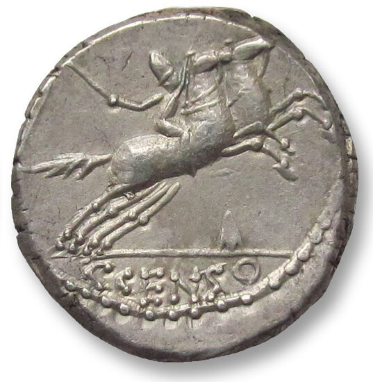Roman Republic. C. Marcius Censorinus. Silver Denarius,Rome mint 88 B.C. - dual portrait, control symbol "arrowhead" on reverse