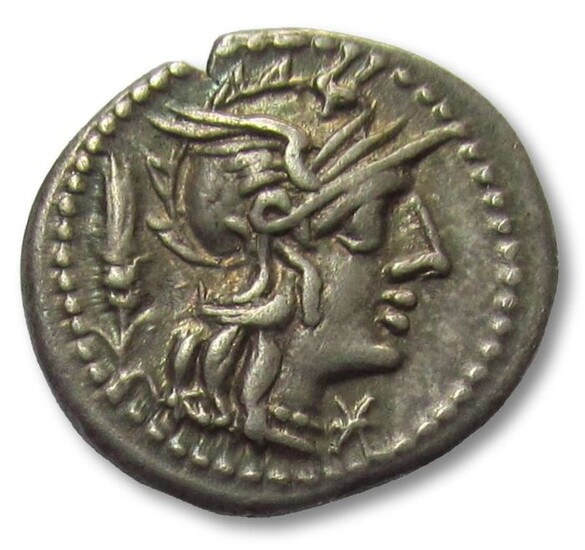 Roman Republic. Cn. Domitius Ahenobarbus. Silver AR Denarius - in beautiful condition,Rome mint 128 B.C. - miniature warrior fighting lion