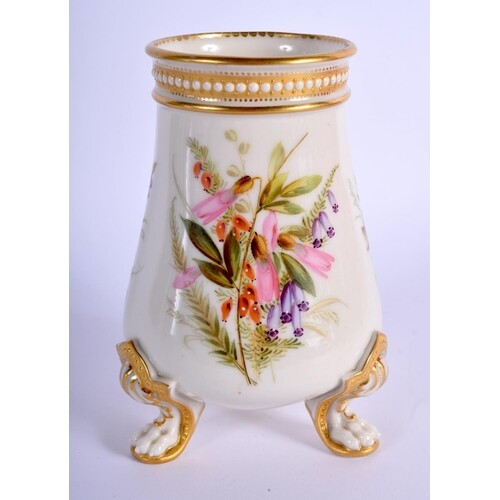 Royal Worcester three footed jewelled vase painted with flow...