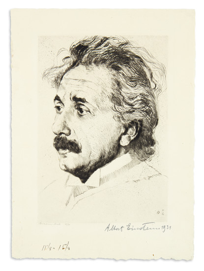 (SCIENTISTS.) EINSTEIN, ALBERT. Etched bust portrait of him by Hermann Struck, Signed at...