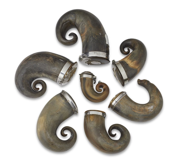 SEVEN ENGLISH AND SCOTTISH SILVER-MOUNTED HORN SNUFF MULLS MOST UNMARKED, LATE 19TH/EARLY 20TH CENTURY