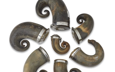 SEVEN ENGLISH AND SCOTTISH SILVER-MOUNTED HORN SNUFF MULLS MOST UNMARKED, LATE 19TH/EARLY 20TH CENTURY
