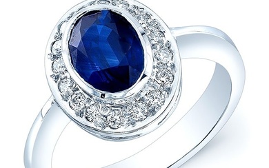 Sapphire And Diamond Oval Bezel Ring With Pave Border In 14k White Gold (8x6mm) Size 6.5