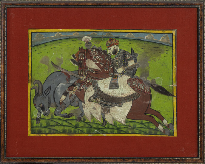 Scène de chasse avec le Maharaja Man Singh de Jodhpur, gouache sur papier, Inde, 23x32,5 cm (peinture, avec marges, à vue)
