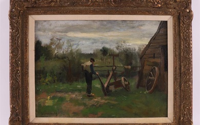 Scherrewitz, Johan Frederik C (Amsterdam 1868-1951) "Paysan avec la charrue à l'arrière de la maison",...