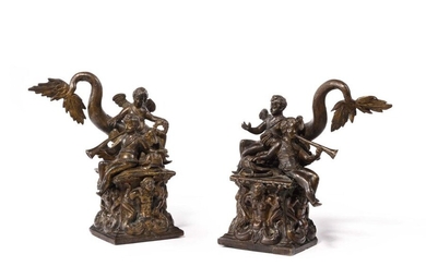 School of Padua, surrounded by Desiderio da Firenze Pair of allegorical groups depicting putti on a dolphin resting on a base decorated with mermaids. Bronze with a light brown patina One bears a cold-worked inscription on the back "N°15" ? Second...