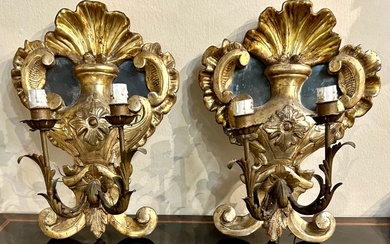 Sculpture, Coppia di antiche applique veneziane dell’Ottocento - a due braccia con specchio - 40 cm - Wood - 1800
