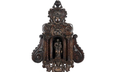 Sculpture ancienne en bois représentant une "Madone et son enfant" dans une châsse baroque -...