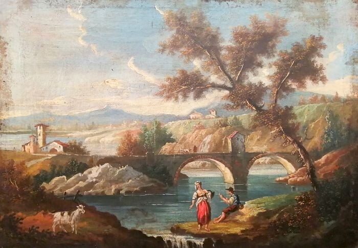 Scuola Veneta del XVIII secolo - Veduta di paesaggio fluviale