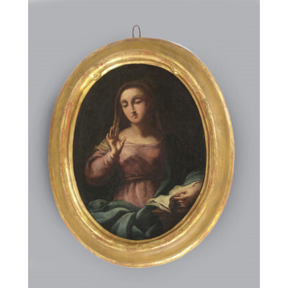 Scuola del secolo XVIII "Madonna leggente" olio su tela ovale (cm 31x23). In cornice dorata del secolo XIX (difetti e...