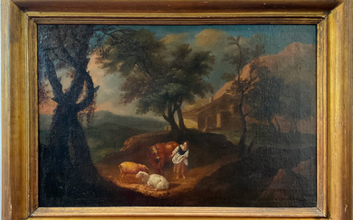 Scuola romana del secolo XVIII "Paesaggio con figure" olio su tela (cm 50x75) in cornice (difetti)