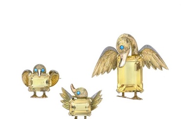 Series of three brooches made like a Duck in yellow gold, turquoise and citrine, ENRICO SERAFINI