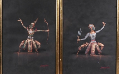 Signed Sawasdee, Thai-Dancers, Watercolor, Pair