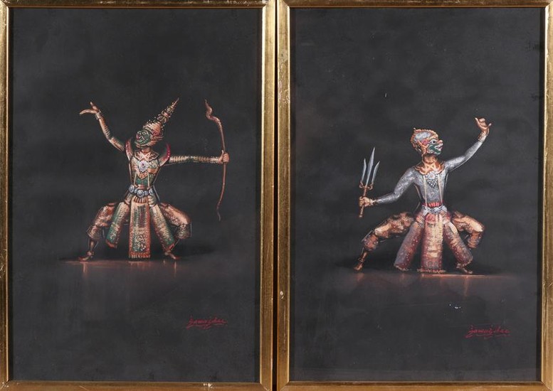 Signed Sawasdee, Thai-Dancers, Watercolor, Pair