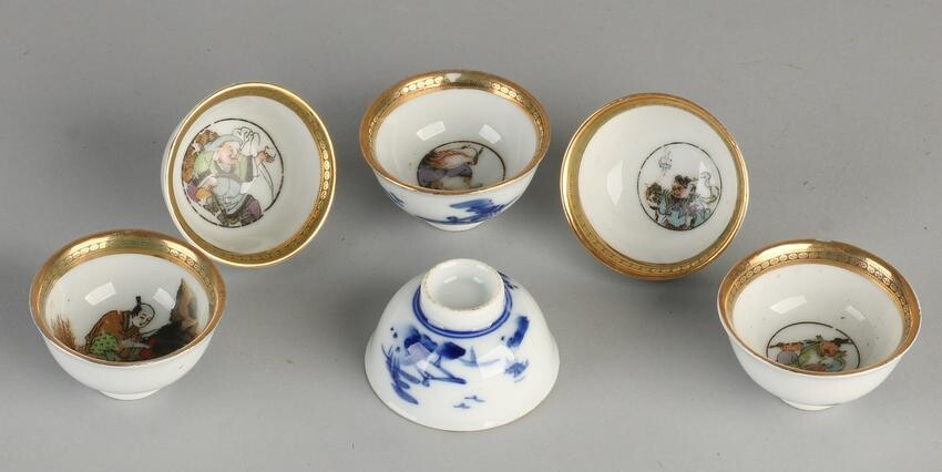 Six Chinese porcelain rice wine cups with landscape
