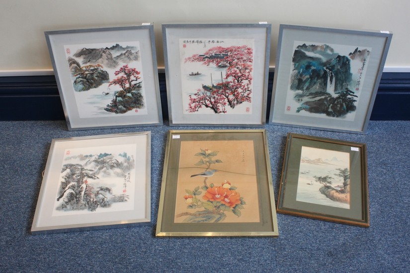 Six assorted Chinese paintings on silk, mostly depicting lan...