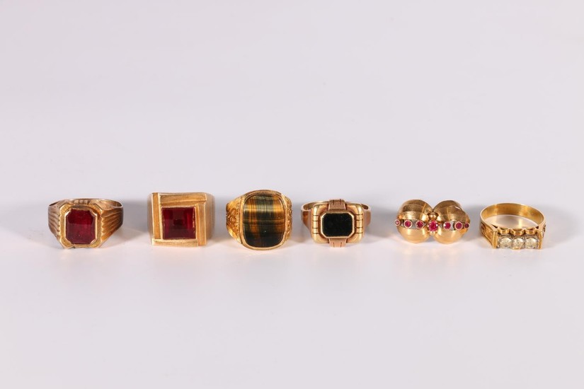 Six gold and other gent's rings variously gem set, one - 585...