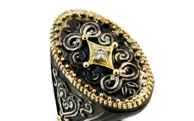Stambolian Aged Silver & 18K Gold and Diamond Oval Ring
