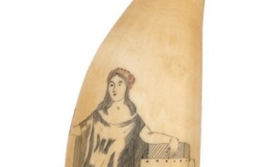 POLYCHROME SCRIMSHAW WHALE'S TOOTH WITH ALLEGORICAL FIGURE 19th...
