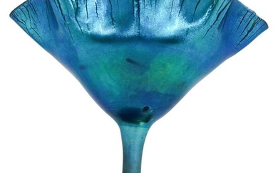 Steuben Blue Aurene Ruffled Fan Vase