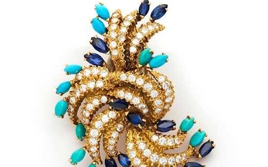 TURQUOISE, SAPPHIRE AND DIAMOND CLIP BROOCH, BY GÜBELIN, ca. 1960....