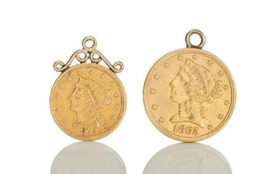 TWO 19th C AMERICAN GOLD COINS MOUNTED AS PENDANTS
