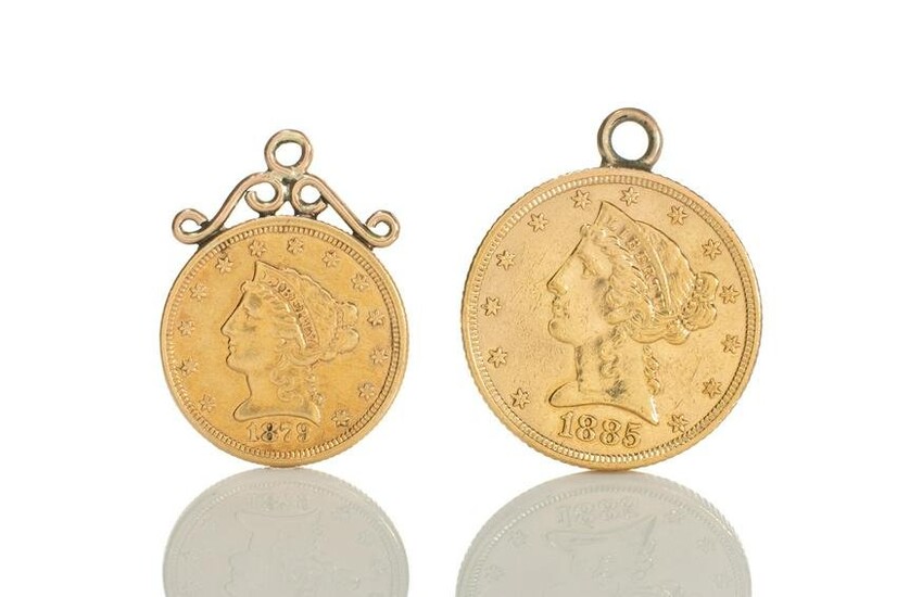 TWO 19th C AMERICAN GOLD COINS MOUNTED AS PENDANTS