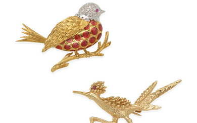 TWO GOLD BIRD BROOCHES