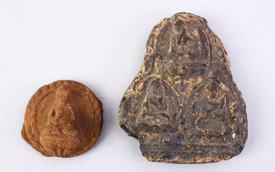 TWO GOOD EARLY TIBETAN AMULETS, both with figures of