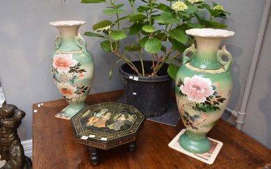 TWO HAND PAINTED CHINESE VASES (A/F), ONE WITH STAND