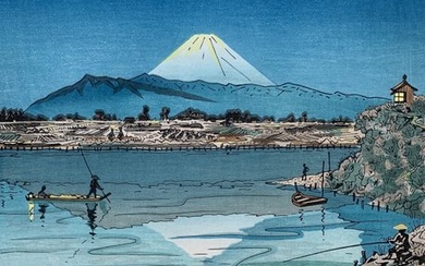 'Tamagawa no getsumei' 多摩川の月明 (Moonlight in Tamagawa) - From the series "Twelve Views of Japan" - Okada Koichi (1907-?) - Japan