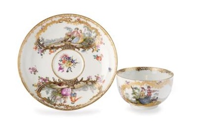 A Cup and a Saucer with Watteau Scenes and Hunting Motifs, Attributed to Johann Benjamin Wenzel, Meissen c. 1745