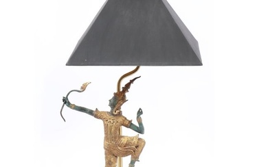 Thai gilt bronze Prince Rama dancer figural table lamp with lacquered wood base. 24 1/2"H x 13 1/2"W