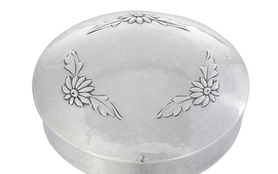The Kalo Shop round lidded box with repoussé floral design, #G626 2 3/4"dia x 7/8"h