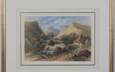Thomas Hosmer Shepherd - 'A Cottage by a Waterfall', watercolour, signed recto, Sussex Fin