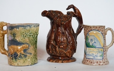 Three Antique Pottery & Porcelain Sporting Pitcher