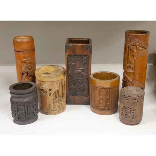 Three Chinese carved bamboo tea caddies and four carved bamb...