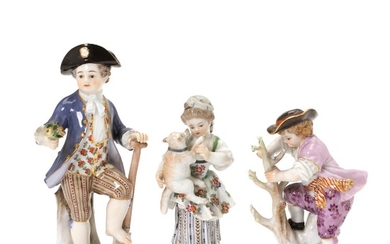 Three Meissen porcelain figurines, two from the series The Gardener's children and boy with flowers and shovel. Germany 20th century. H. 10 cm and 13,5 cm. (3)