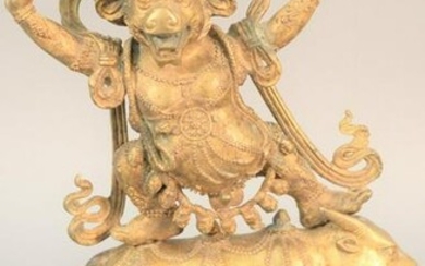 Three-piece Tibetan bronze fertility figure, total ht.