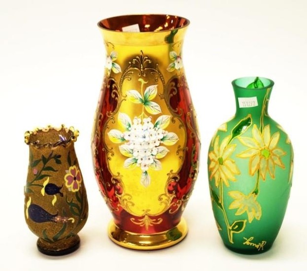 Three vintage hand painted glass vases including cameo glass...