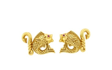 Tiffany & Co. Pair of Gold and Ruby Fish and Hook Cufflinks