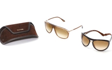 Tom Ford A set comprising two pairs of brown sunglasses with golden...