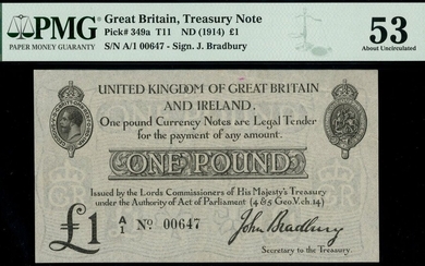 Treasury Series, John Bradbury, second issue £1, ND (23 October 1914), serial number A/1 00647,...